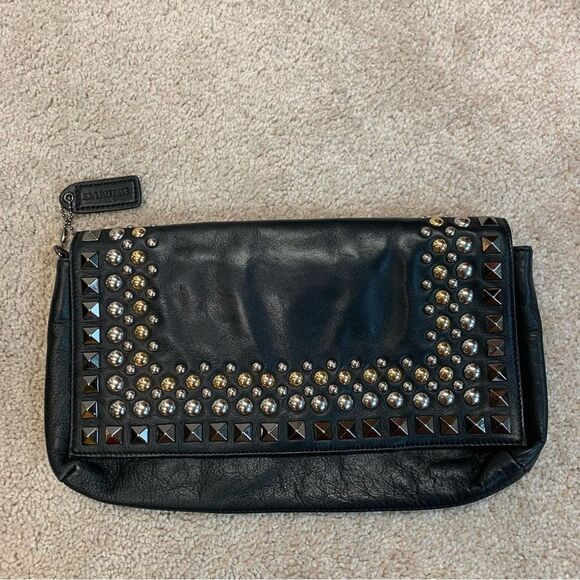 Danier Black leather silver gold tone studded embellished evening clutch purse - Picture 8 of 8
